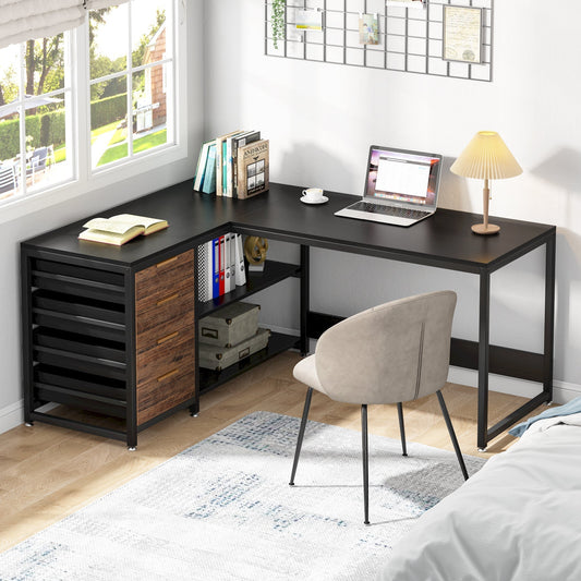 59" L-Shaped Desk, Reversible Corner Desk with Drawers & Shelves