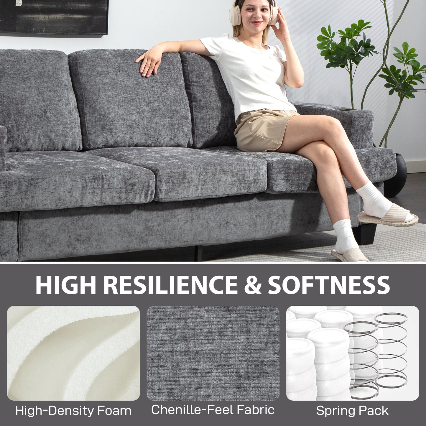 HOMCOM 3-Seater Grey Chenille Sofa with USB Ports and Dual Cup Holders