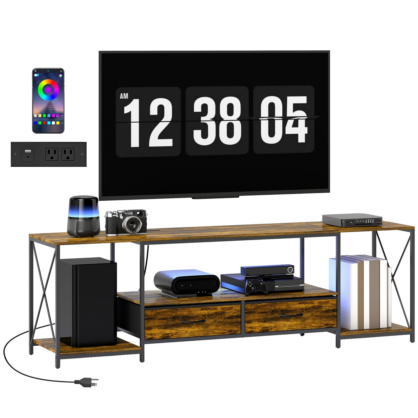 HOMCOM Industrial TV Stand with RGB LED Lights Rustic Brown