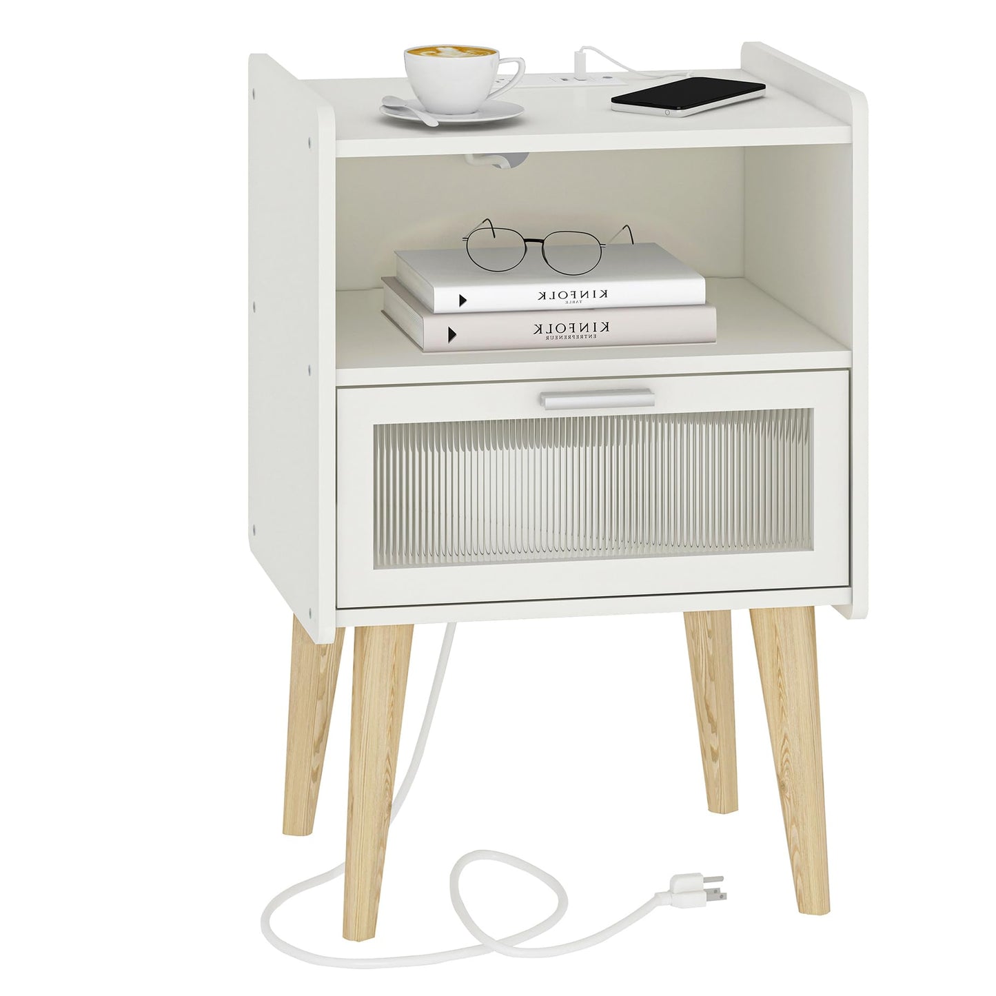 Nightstand with Charging Station, Bedside Tables, End Table Side Table with 2 Tiers Storage Space, for Bedroom, Living Room, Black CAMLBZ07BE