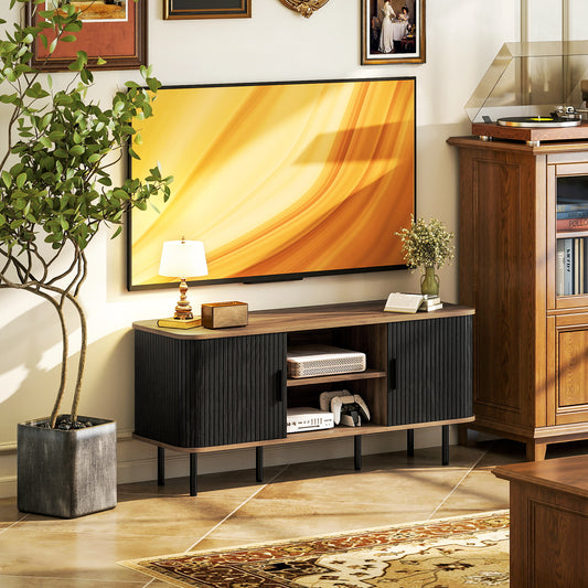 HOMCOM Modern Black TV Stand for 55-Inch TVs, Storage Shelves, Slatted Doors