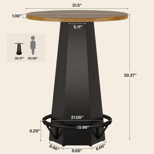 Round Bar Table for 2 People, 39.4" H Industrial Counter Height Pub Table with Metal Footrest