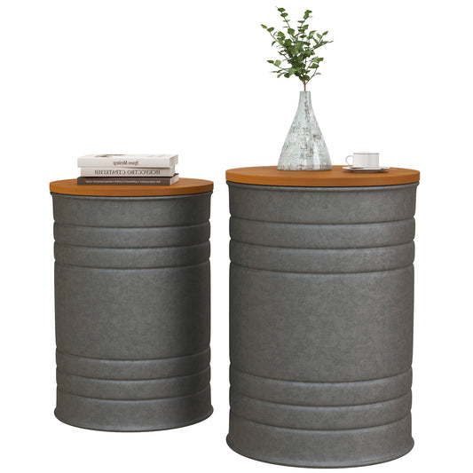 HOMCOM Round Nesting Side Tables, 2-Piece, Wood Lid, Hidden Storage