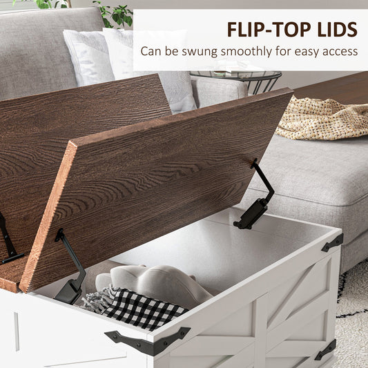 HOMCOM Farmhouse Square Coffee Table with Flip-Top Lids, Hidden Storage, White
