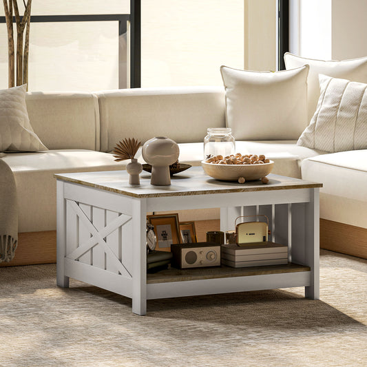 HOMCOM Farmhouse Square Coffee Table, 2-Tier Storage, Distressed Oak Brown Finish