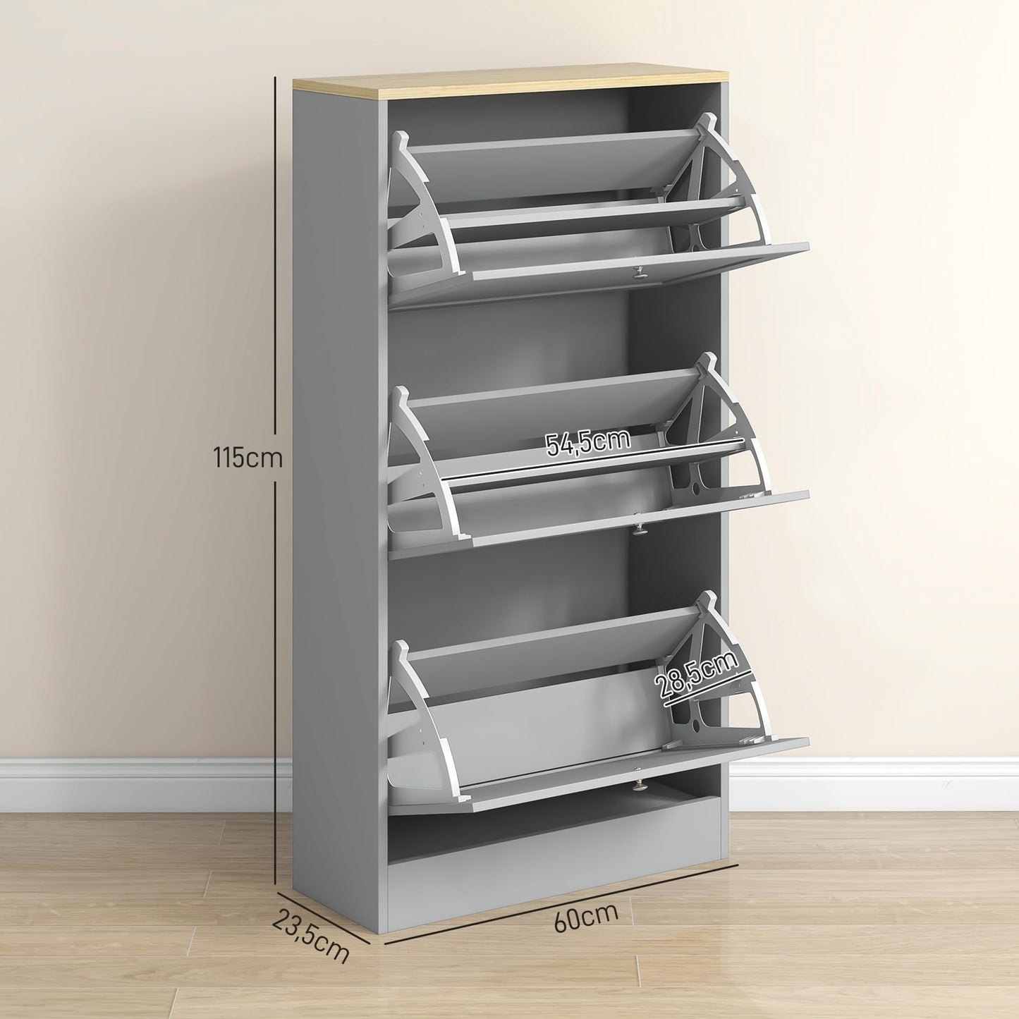Narrow Shoe Cabinet with 3 Flip Drawers and Adjustable Shelves, Entryway Shoe Storage Unit for 18 Pairs of Shoes, Grey