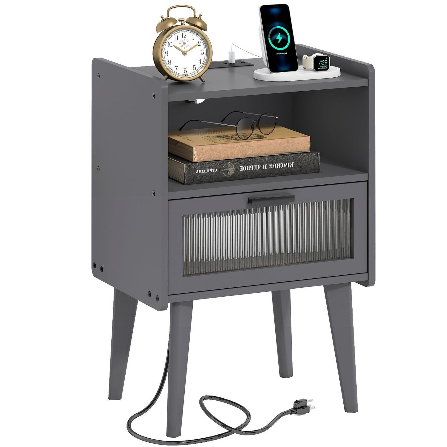 Nightstand with Charging Station, Bedside Tables, End Table Side Table with 2 Tiers Storage Space, for Bedroom, Living Room, Black CAMLBZ07BE