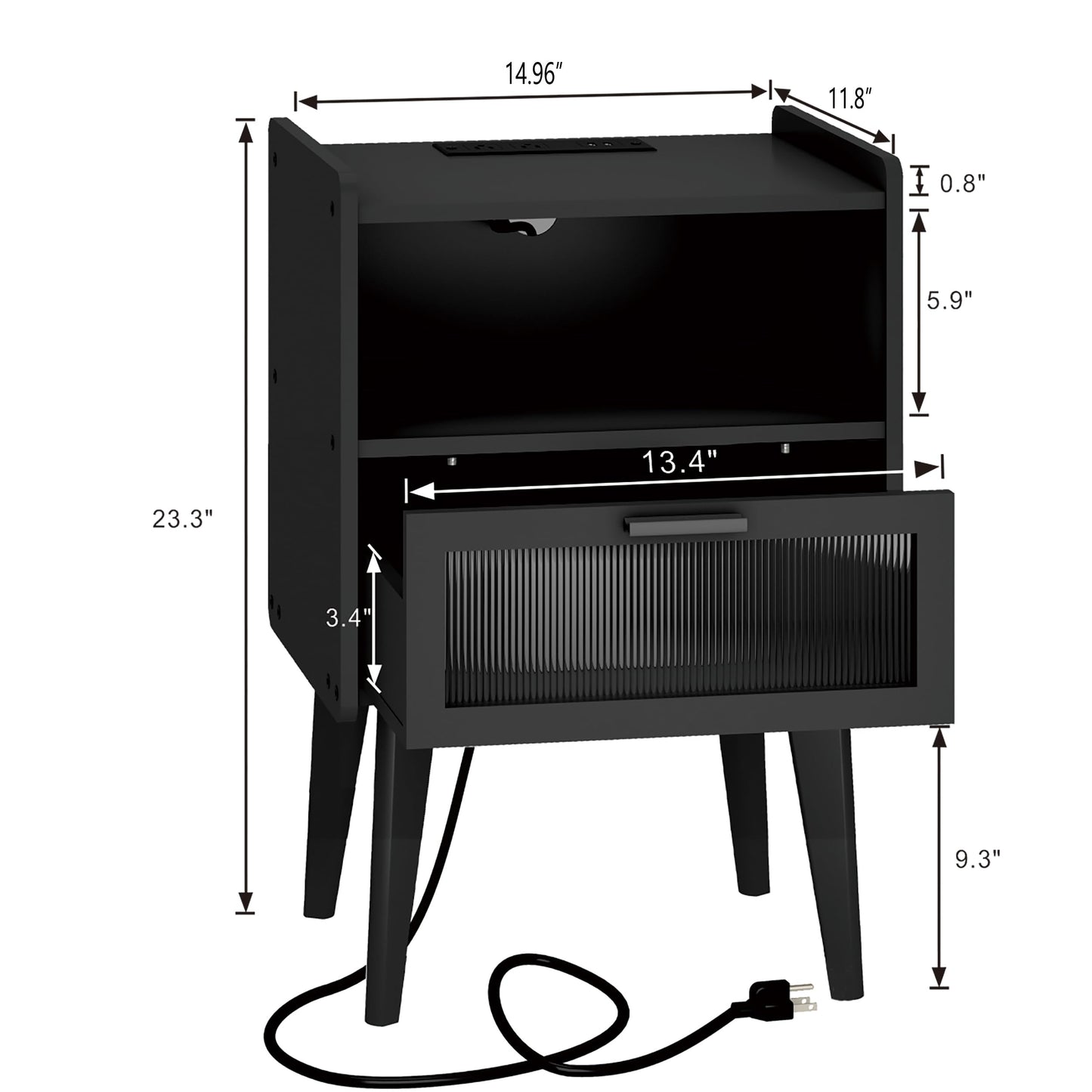 Nightstand with Charging Station, Bedside Tables, End Table Side Table with 2 Tiers Storage Space, for Bedroom, Living Room, Black CAMLBZ07BE
