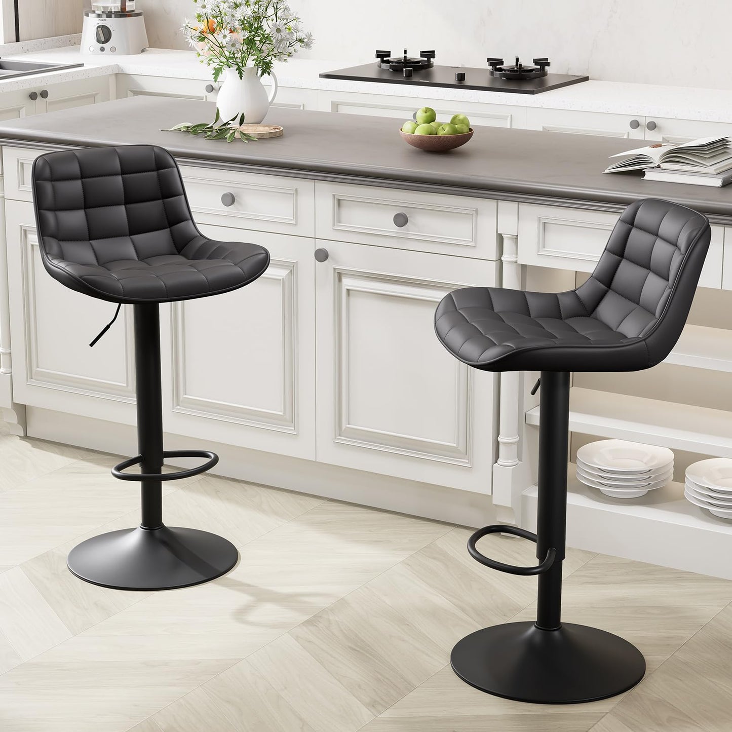 Grey Bar Stools Set of 2 Counter Height Bar Stool Faux Leather Upholstered Metal Barstools Modern Adjustable Swivel High Back Bar Chairs Home Kitchen Dining Island