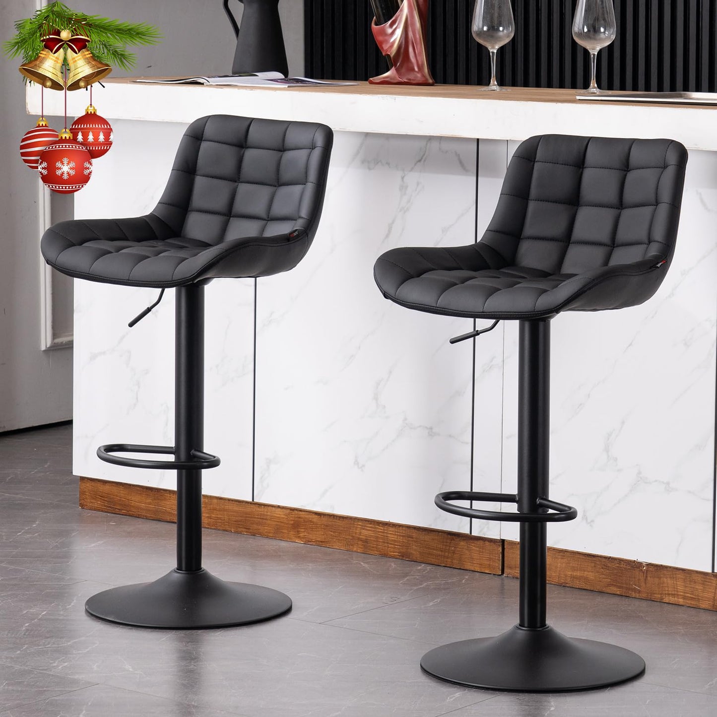 Grey Bar Stools Set of 2 Counter Height Bar Stool Faux Leather Upholstered Metal Barstools Modern Adjustable Swivel High Back Bar Chairs Home Kitchen Dining Island
