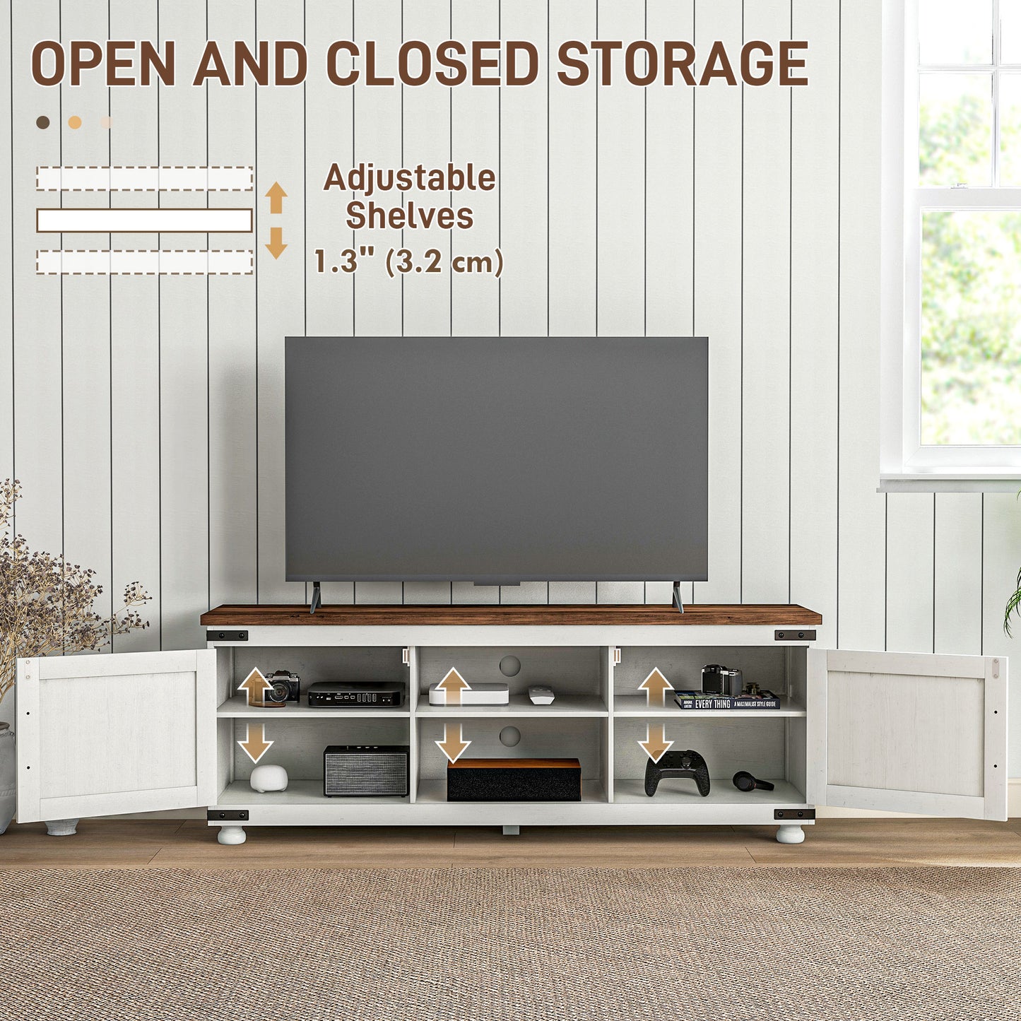 HOMCOM Farmhouse 65-inch TV Stand, Barn Doors, Cable Management, Distressed White