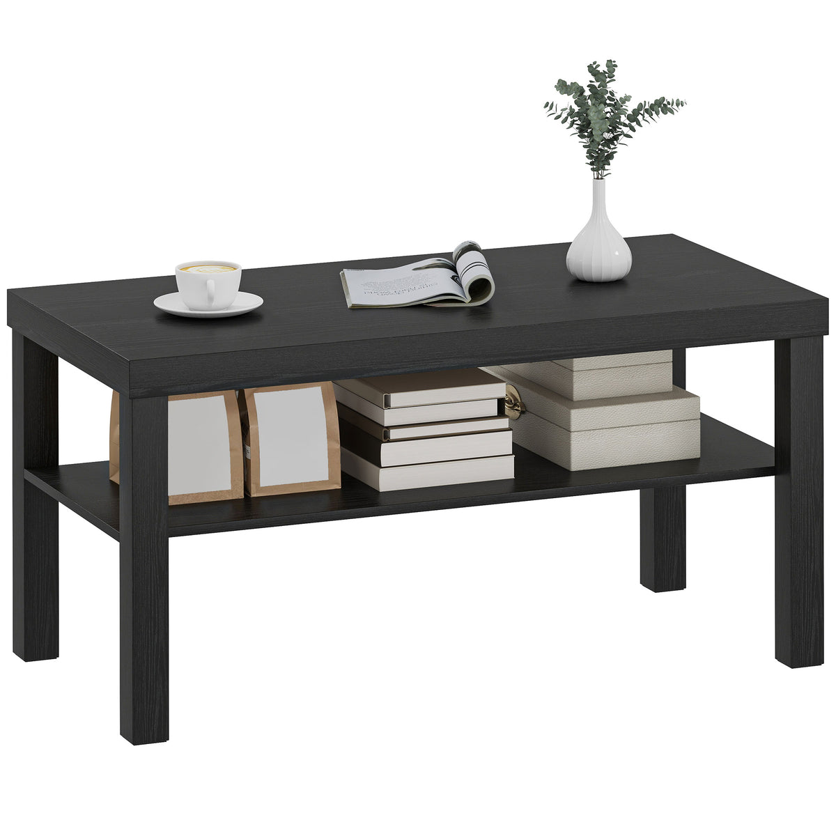 HOMCOM Modern Black 2-Tier Rectangular Coffee Table with Storage Shelf