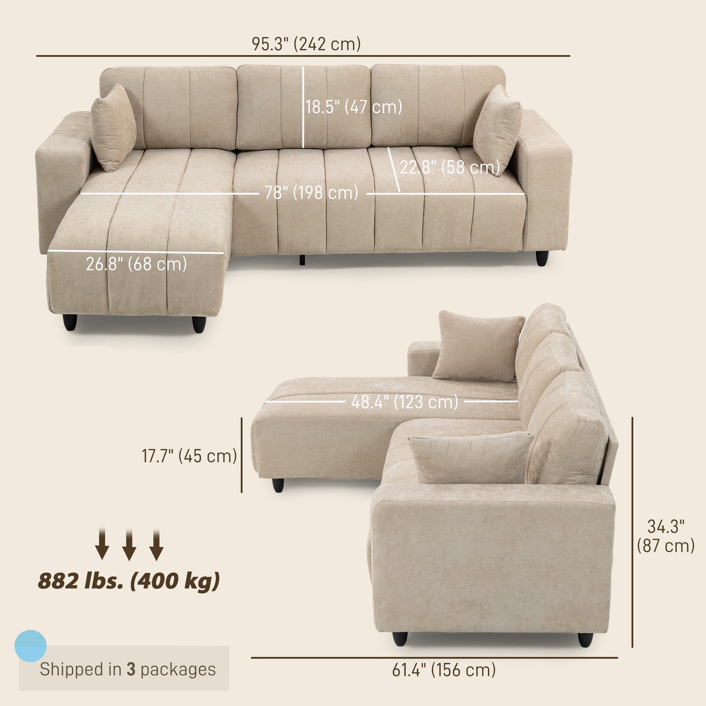 HOMCOM Beige 3-Seater L-Shaped Sectional Sofa with Changeable Chaise, Spring Cushions