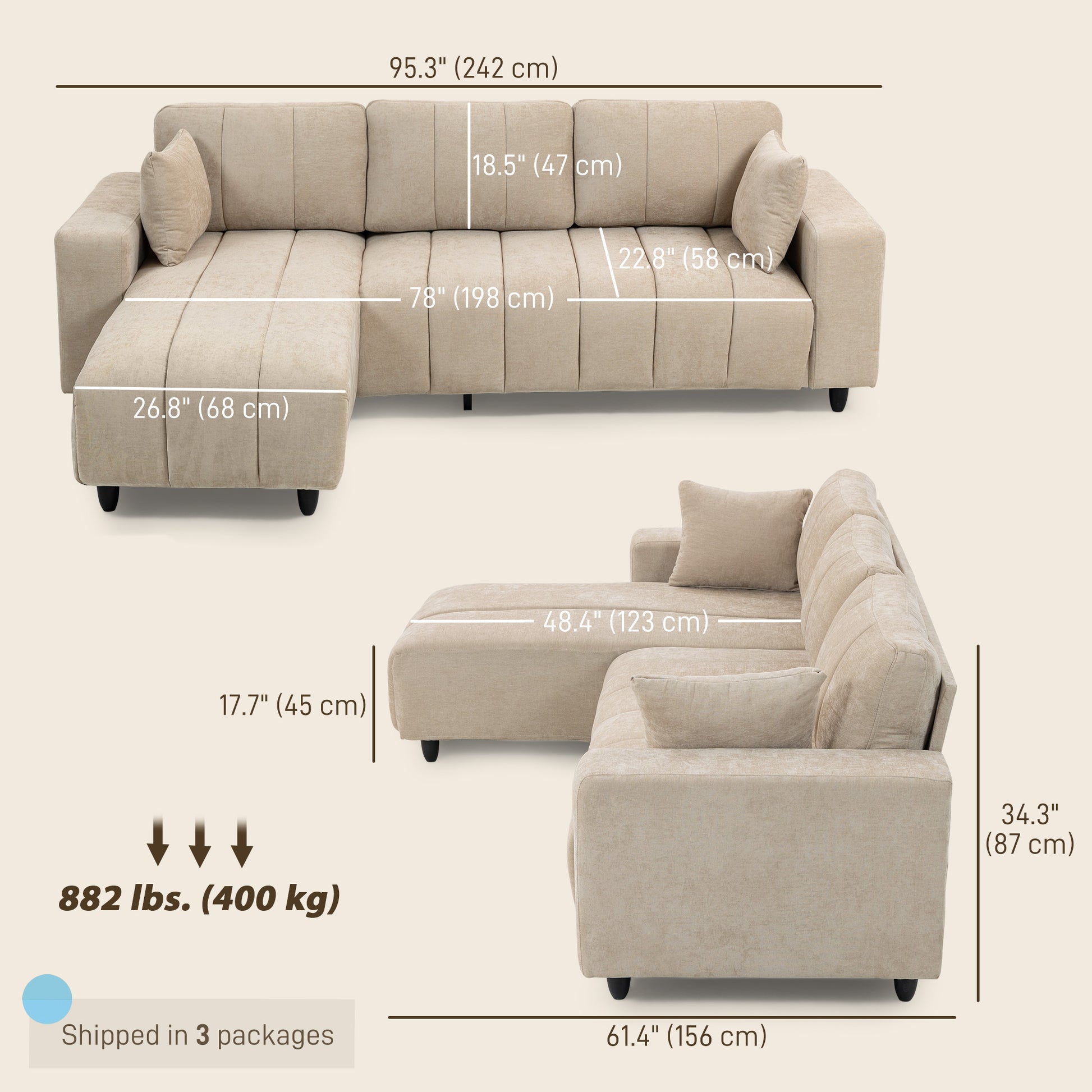 HOMCOM Beige 3-Seater L-Shaped Sectional Sofa with Changeable Chaise, Spring Cushions