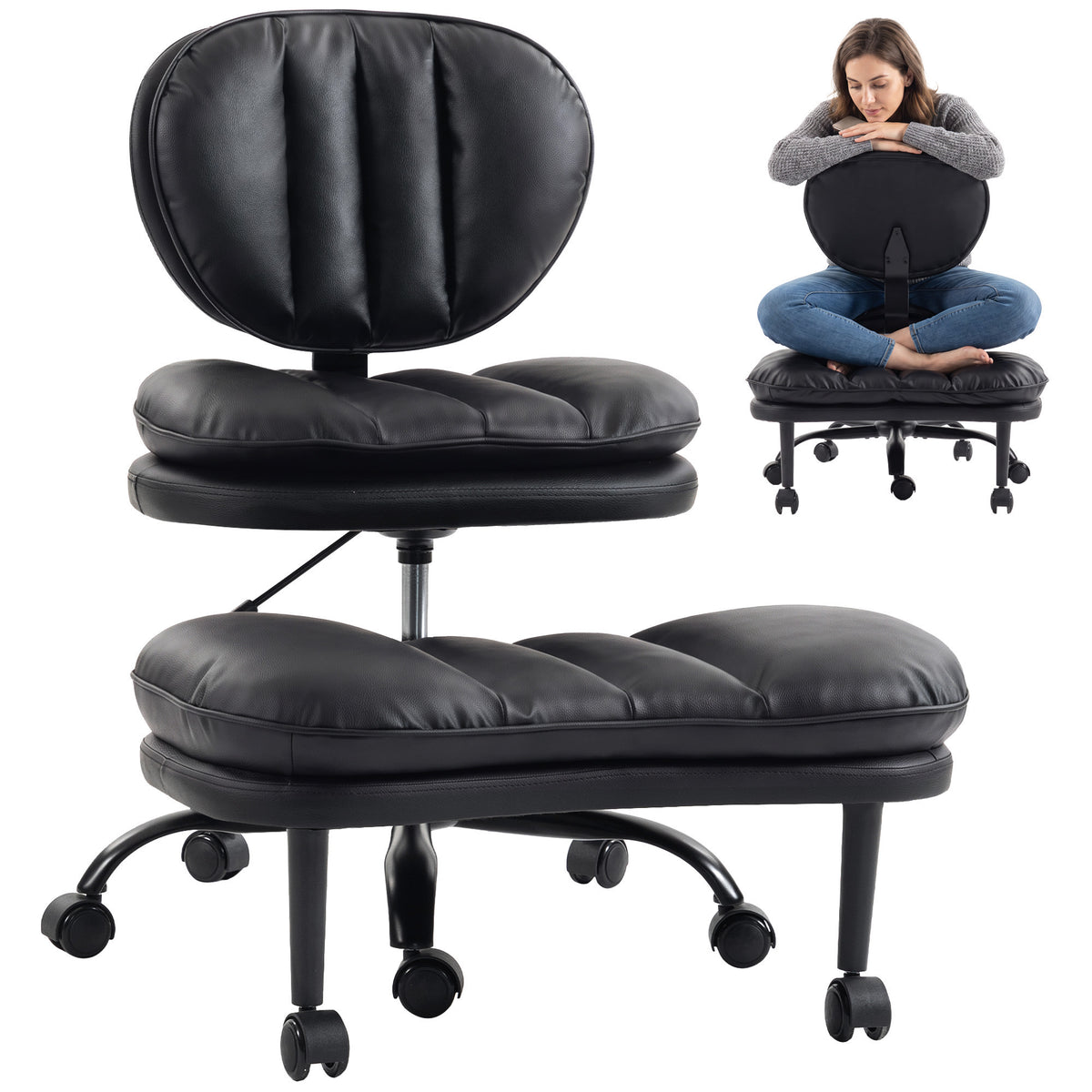 Ergonomic Cross Legged Office Chair with Detachable Footrest, Black