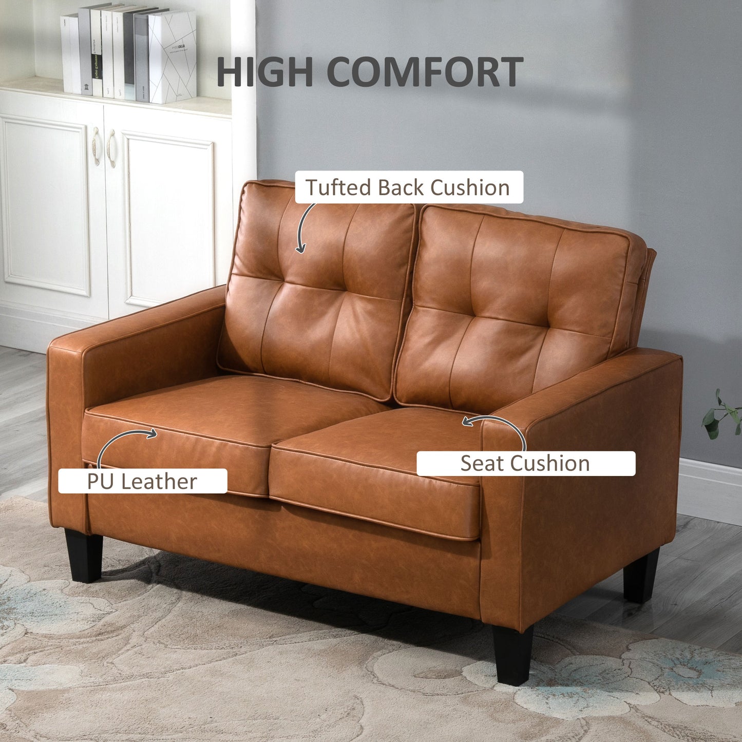 HOMCOM 2-Seater Brown PU Leather Loveseat Sofa, Tufted Back, Metal Frame