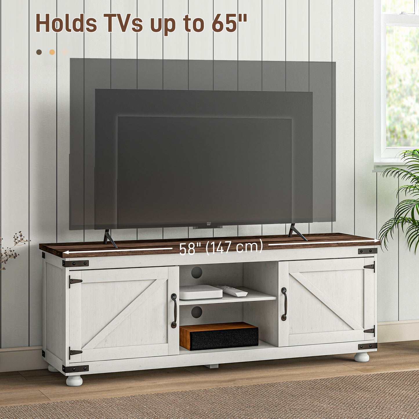 HOMCOM Farmhouse 65-inch TV Stand, Barn Doors, Cable Management, Distressed White