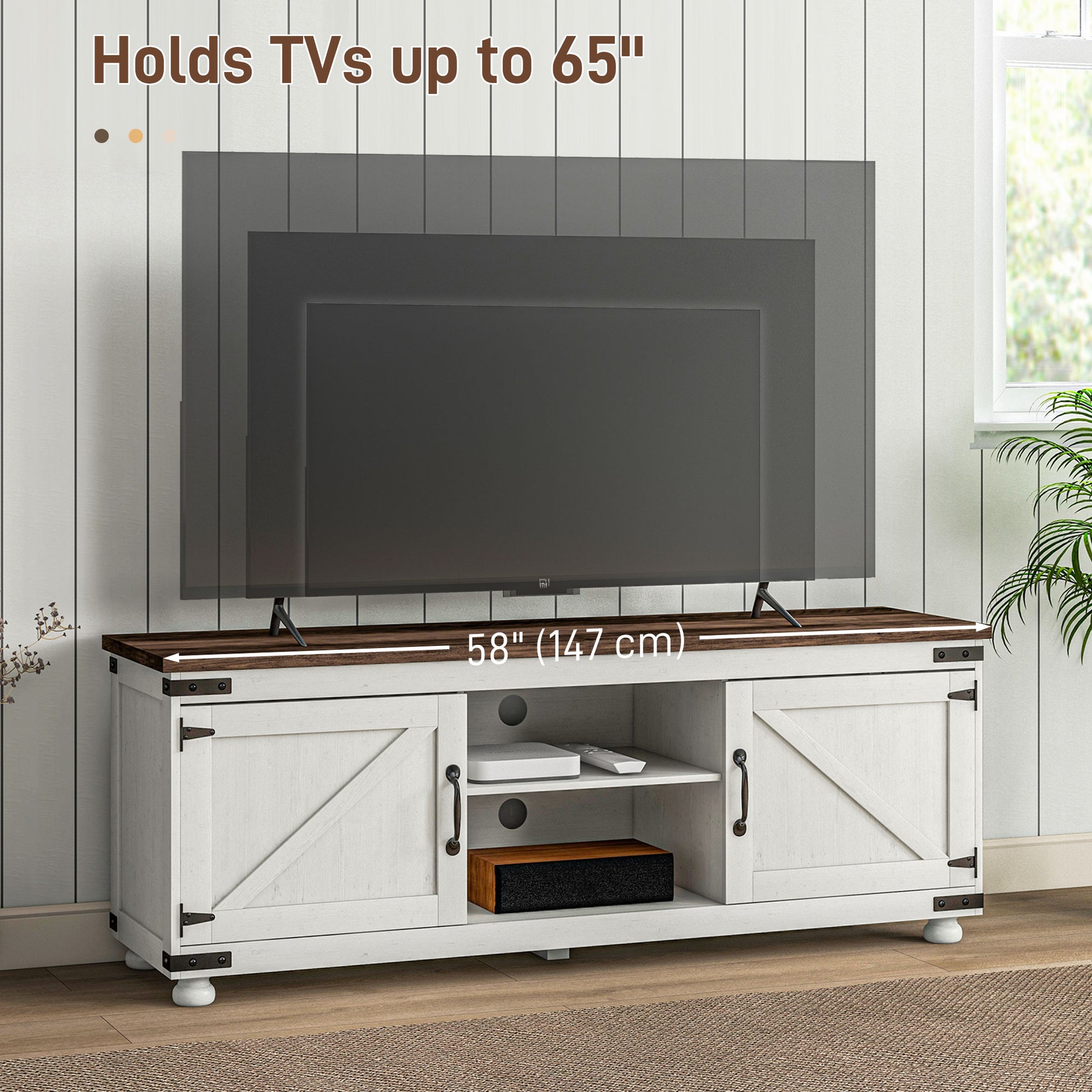 HOMCOM Farmhouse 65-inch TV Stand, Barn Doors, Cable Management, Distressed White