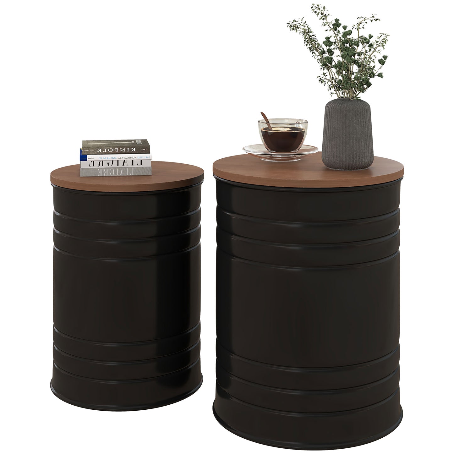 HOMCOM Round Nesting Side Tables, 2-Piece, Wood Lid, Hidden Storage