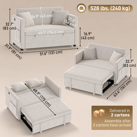 52" Velvet Pull-Out Loveseat Sofa Bed with USB Ports