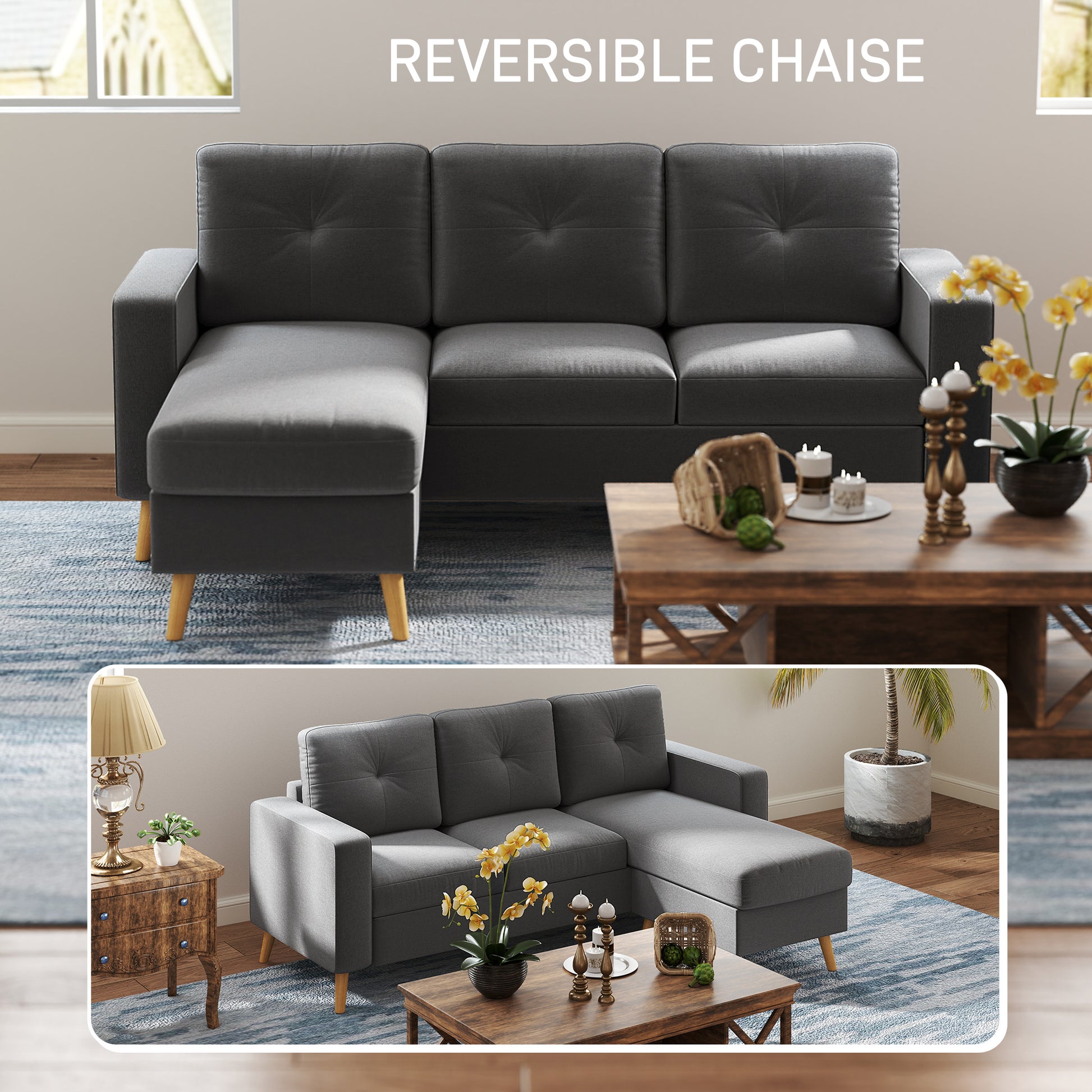 HOMCOM Reversible Chaise L-Shaped Sectional Sofa, Dark Grey Wooden Legs