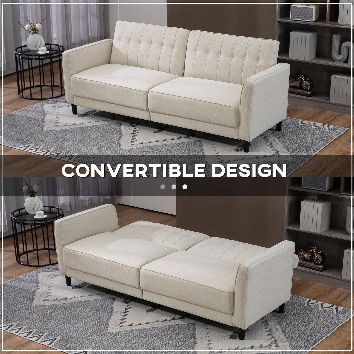 HOMCOM Button Tufted Fabric Pull Out Sofa Bed with Adjustable Back