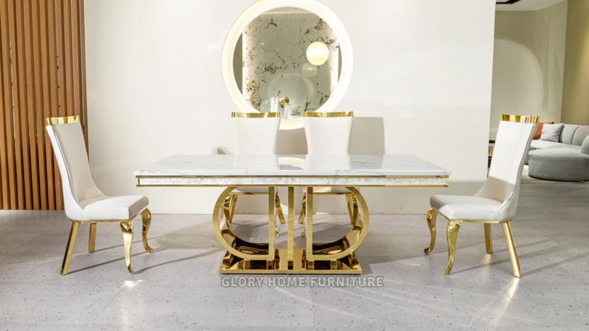 80" Marble Dining Table with Gold Sculpted Base