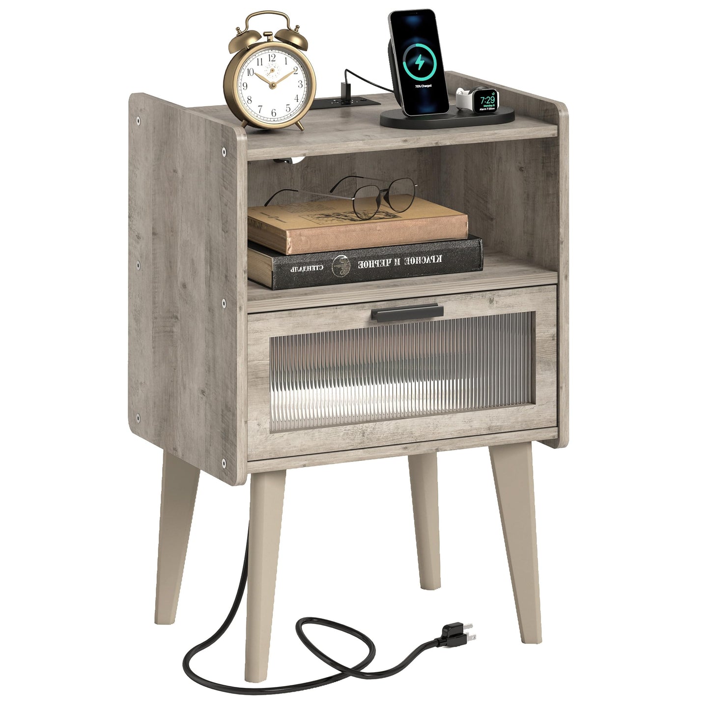 Nightstand with Charging Station, Bedside Tables, End Table Side Table with 2 Tiers Storage Space, for Bedroom, Living Room, Black CAMLBZ07BE