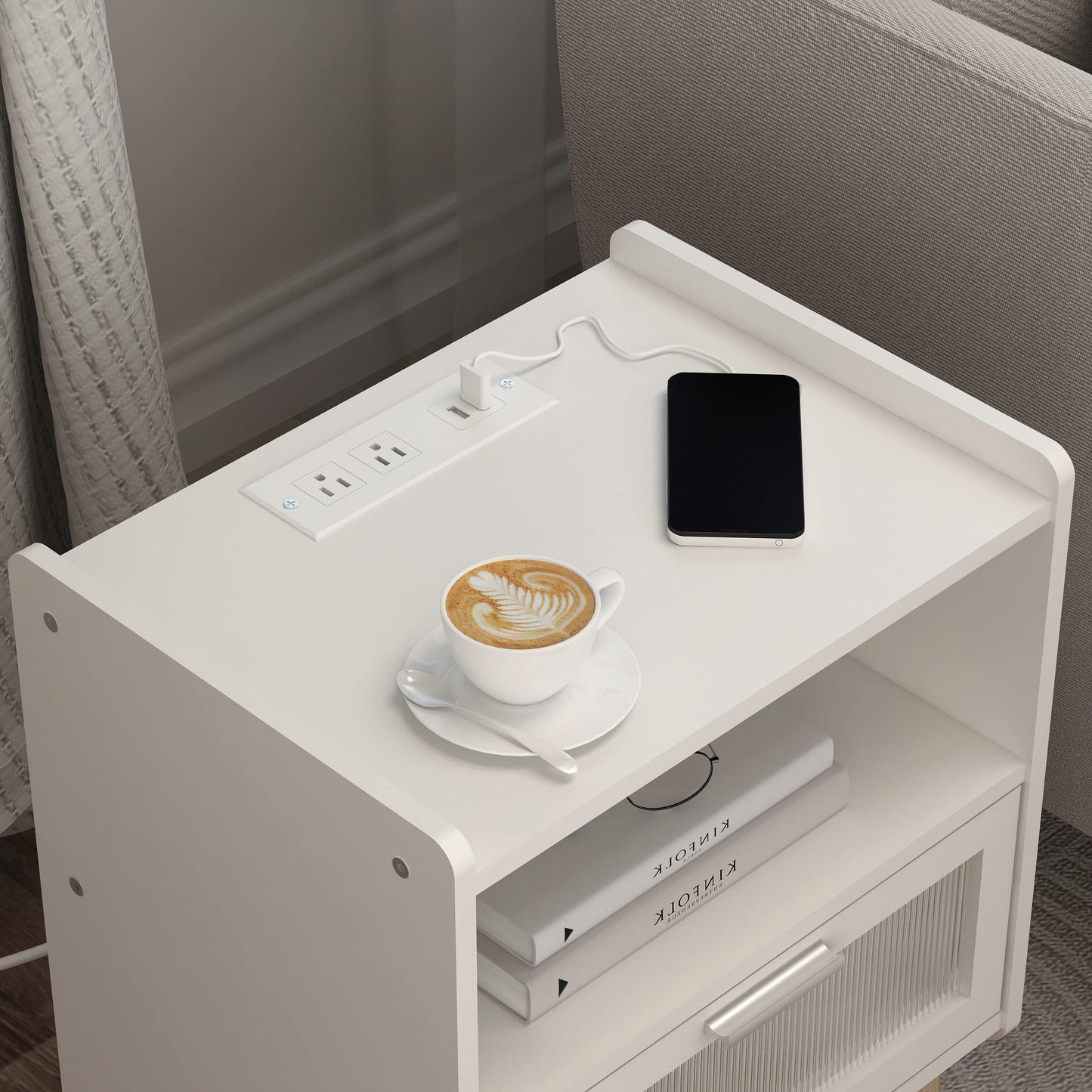 Nightstand with Charging Station, Bedside Tables, End Table Side Table with 2 Tiers Storage Space, for Bedroom, Living Room, Black CAMLBZ07BE