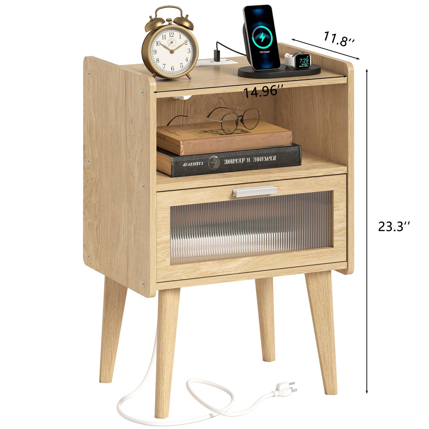 Nightstand with Charging Station, Bedside Tables, End Table Side Table with 2 Tiers Storage Space, for Bedroom, Living Room, Black CAMLBZ07BE