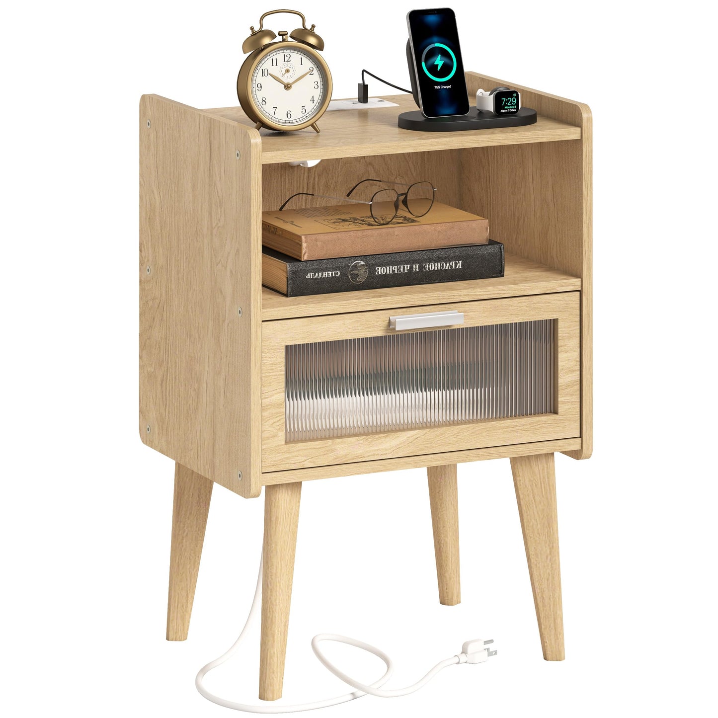 Nightstand with Charging Station, Bedside Tables, End Table Side Table with 2 Tiers Storage Space, for Bedroom, Living Room, Black CAMLBZ07BE