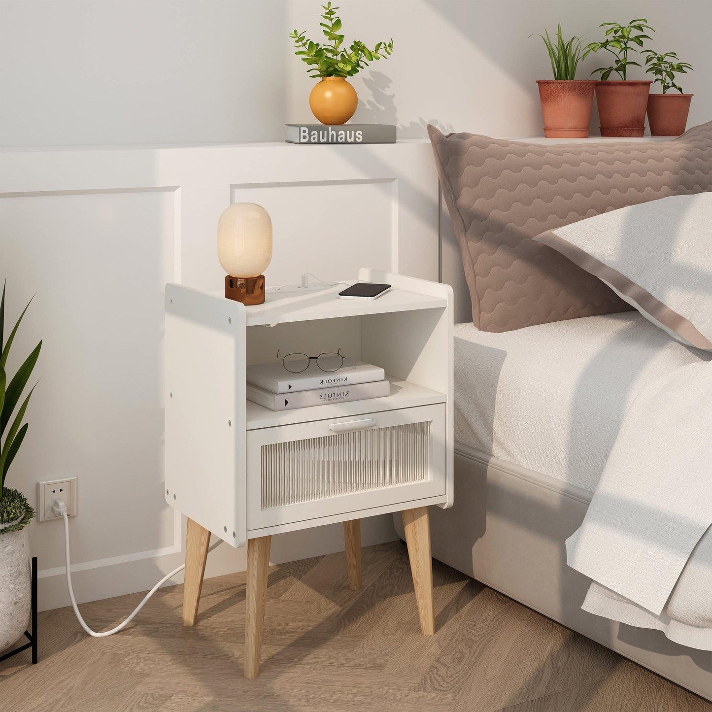 Nightstand with Charging Station, Bedside Tables, End Table Side Table with 2 Tiers Storage Space, for Bedroom, Living Room, Black CAMLBZ07BE