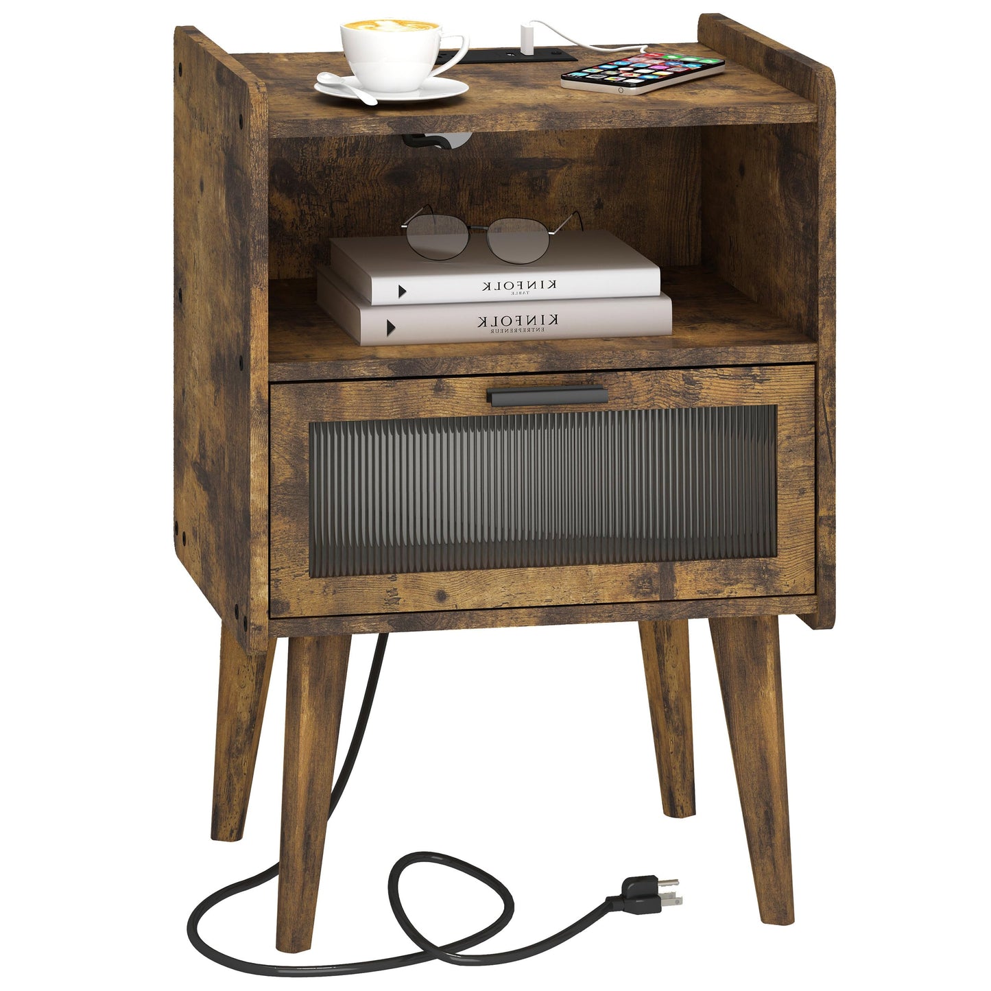 Nightstand with Charging Station, Bedside Tables, End Table Side Table with 2 Tiers Storage Space, for Bedroom, Living Room, Black CAMLBZ07BE