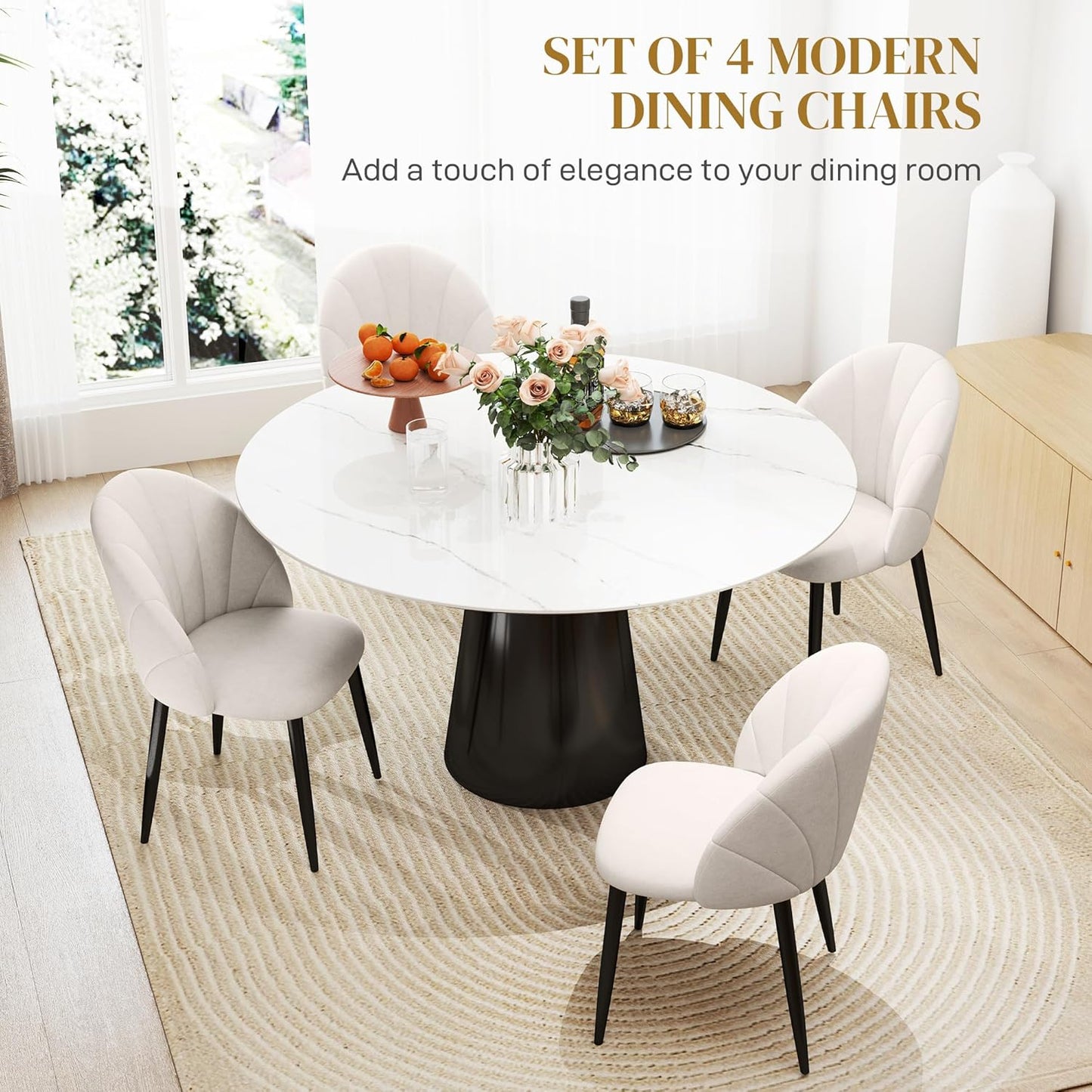 Dining Chairs Set of 4, Modern Upholstered Kitchen Chairs with Metal Legs, Cream White