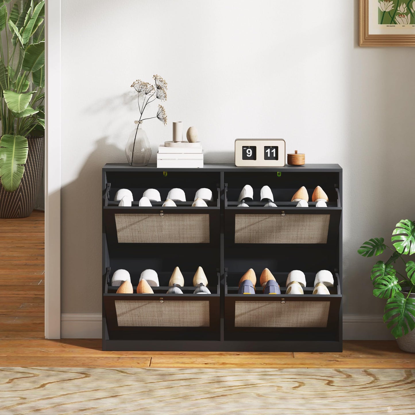 Rattan Shoe Cabinet with 3 Flip Drawers and Adjustable Shelves, Narrow Shoe Storage Cabinet for Entryway, Hallway, Holds 18 Pairs of Shoes, Black