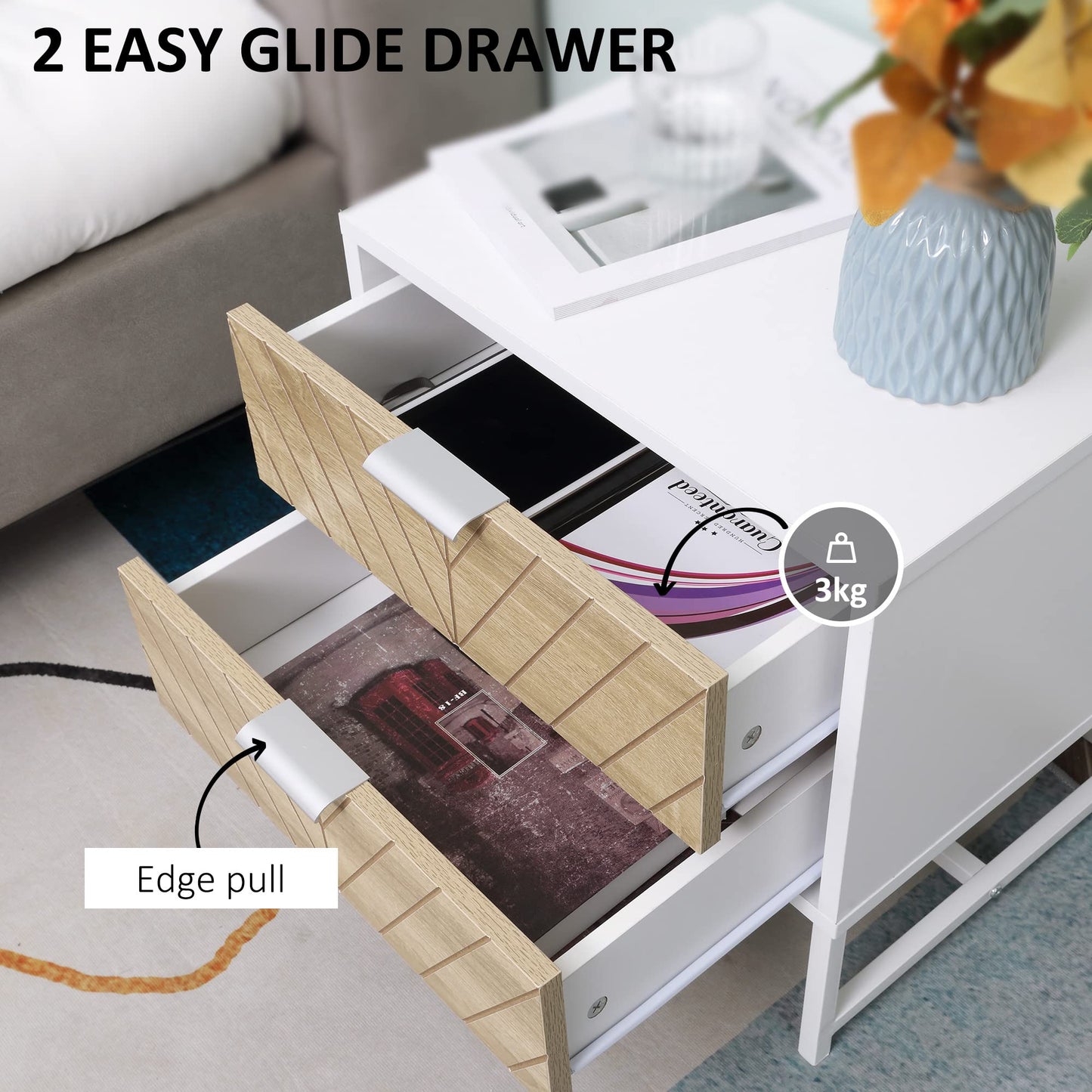 Modern Bedside Table with 2 Drawers, Nightstand with Metal Base, Sofa End Table for Bedroom, White