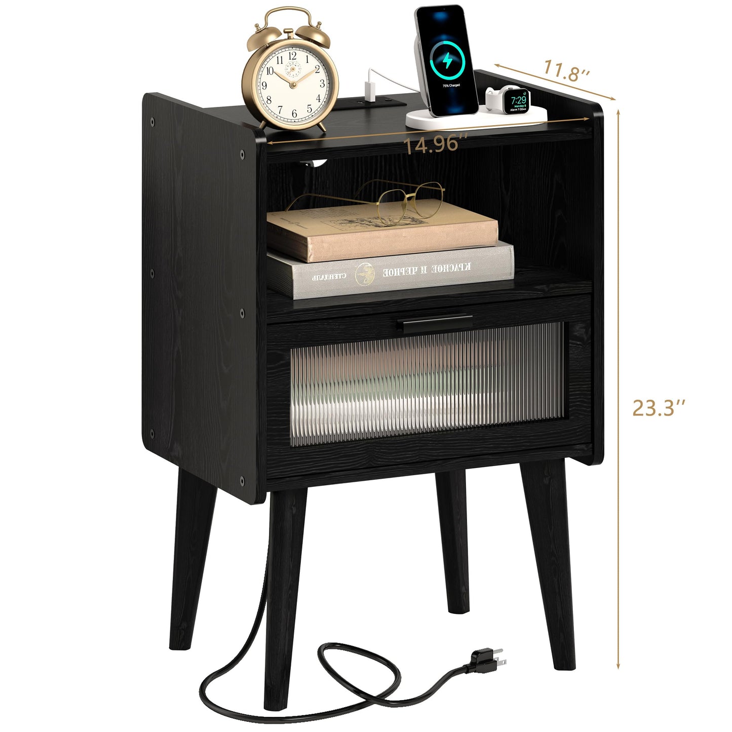 Nightstand with Charging Station, Bedside Tables, End Table Side Table with 2 Tiers Storage Space, for Bedroom, Living Room, Black CAMLBZ07BE