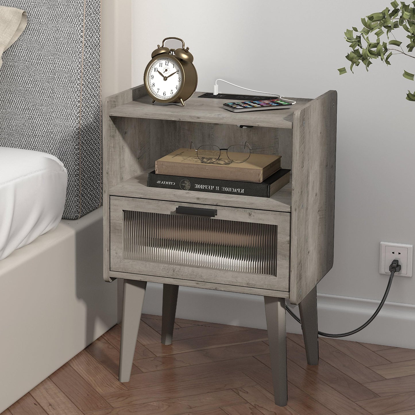 Nightstand with Charging Station, Bedside Tables, End Table Side Table with 2 Tiers Storage Space, for Bedroom, Living Room, Black CAMLBZ07BE