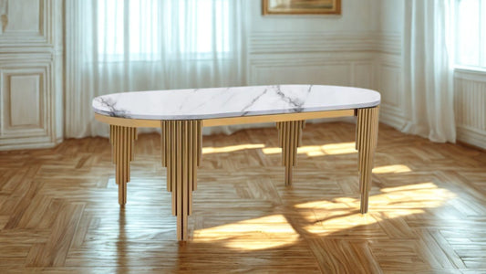 83" Marble Dining Table with Gold Fluted Base