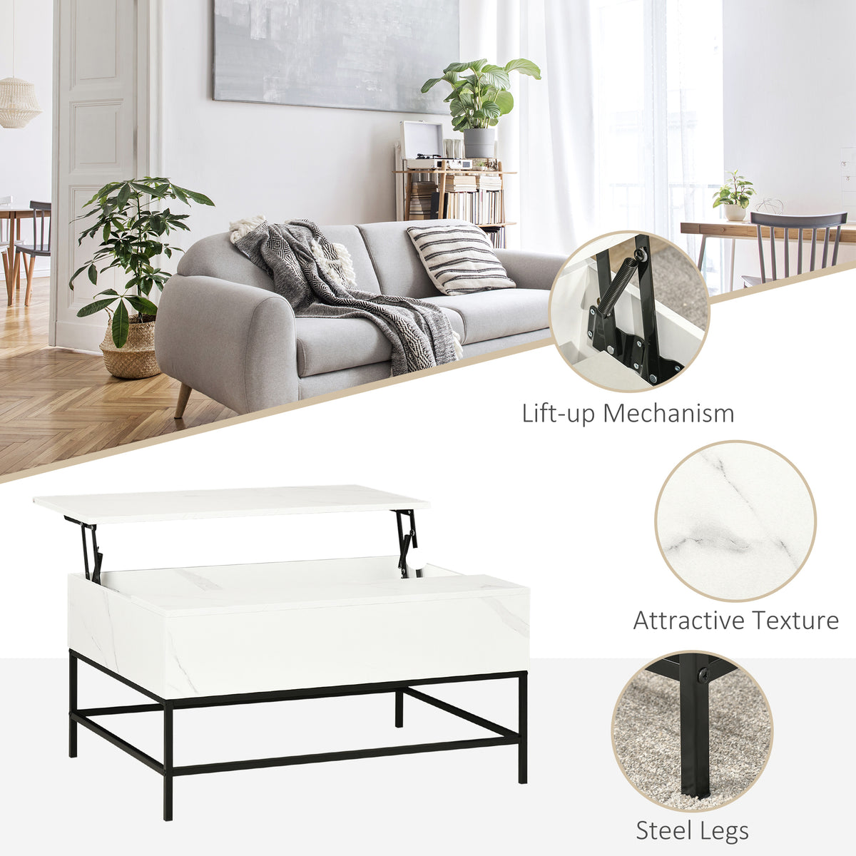 HOMCOM Modern Lift Top Coffee Table with Hidden Storage, White, Adjustable Height