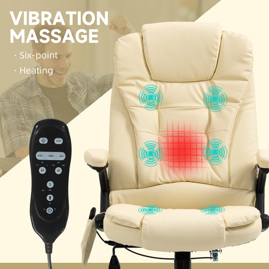 Heated Massage Office Chair, Adjustable High Back Leather Vibrating Executive Chair, Beige