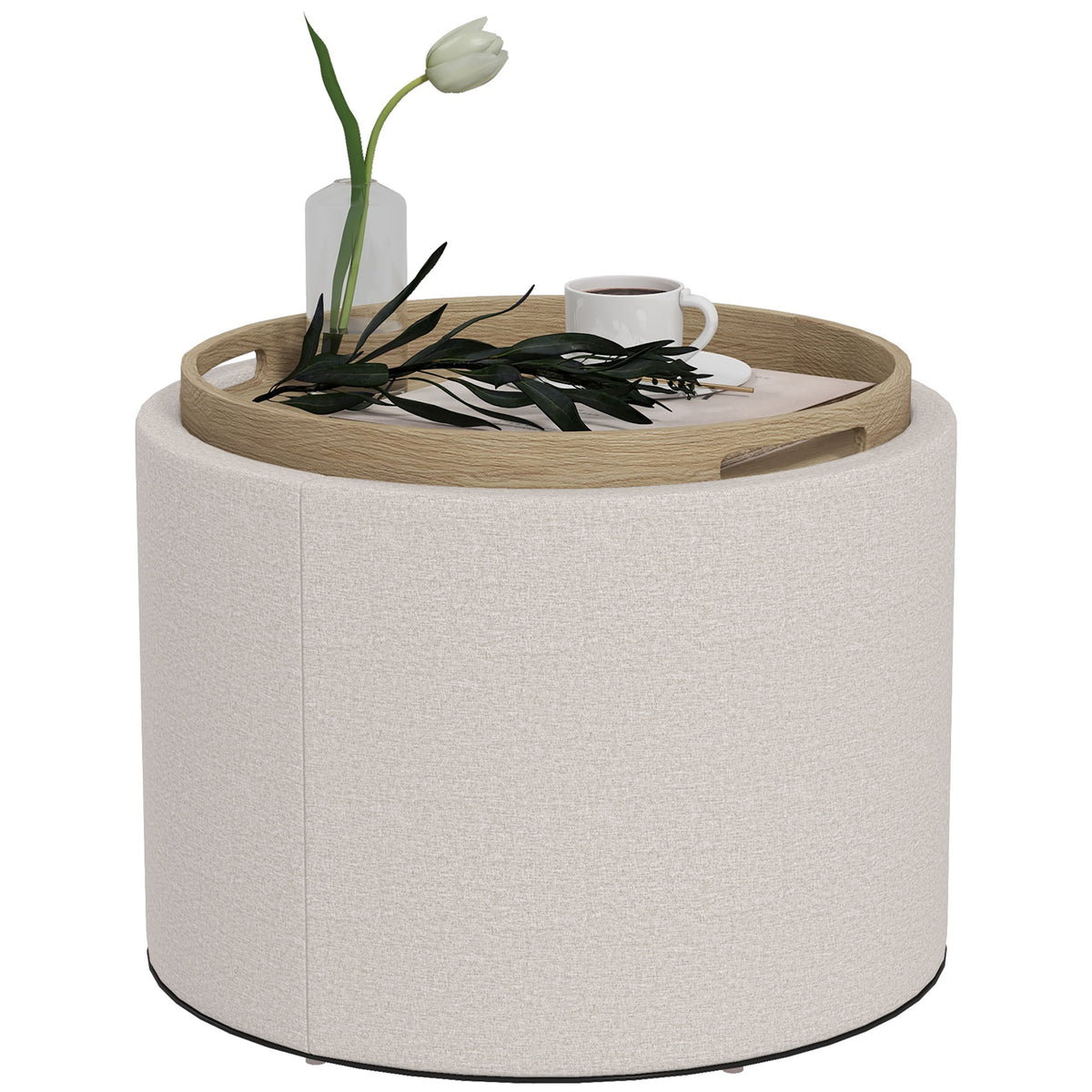Round Storage Ottoman Coffee Table with Tray Top, Linen Upholstered