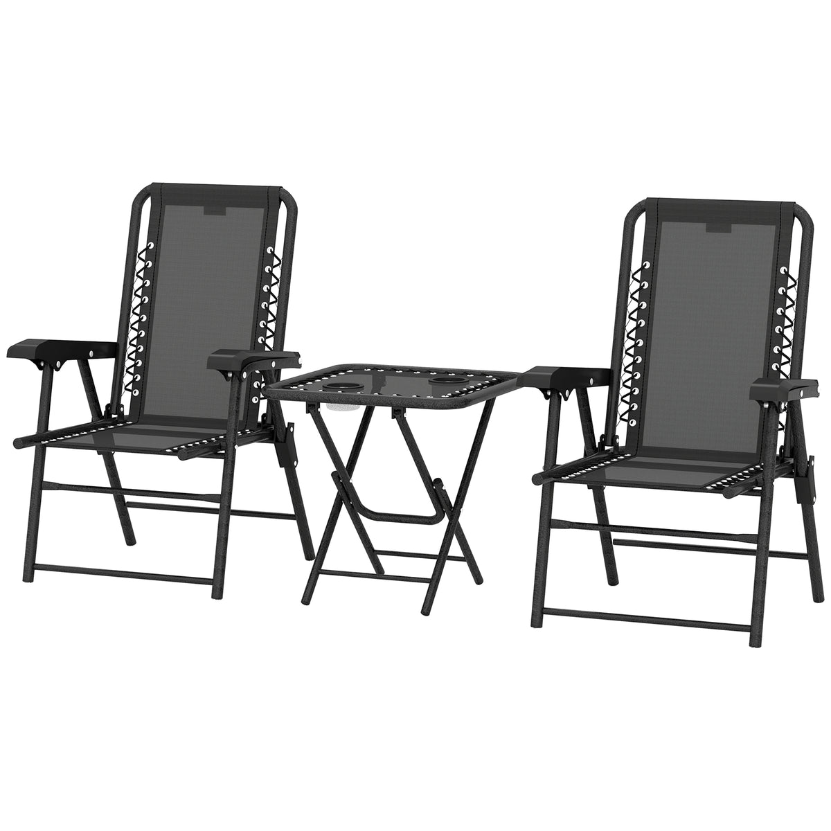 3 Pieces Patio Bistro Set, Outdoor Folding Table and Chairs Set, Metal Patio Furniture Set with Cup Holders – Black