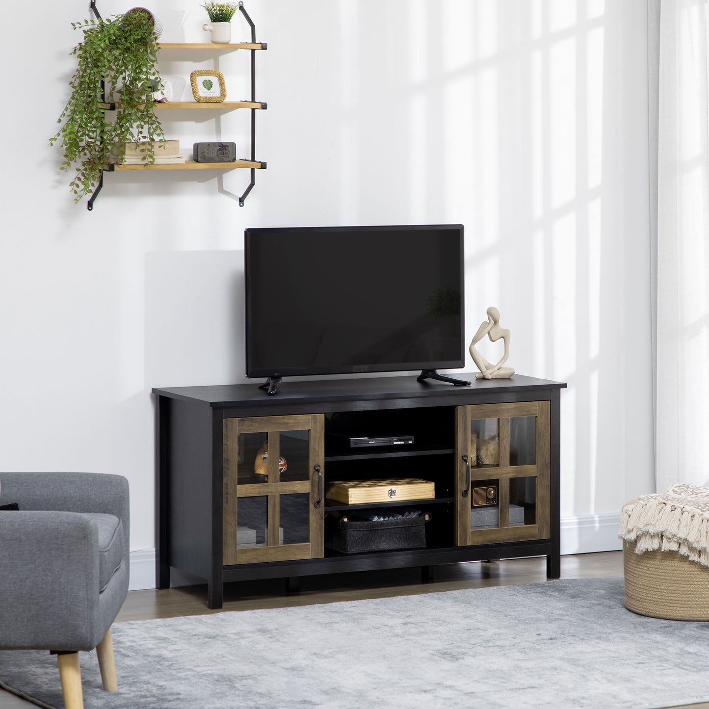 HOMCOM Modern Farmhouse TV Stand for 55-inch TVs, Adjustable Storage, Black