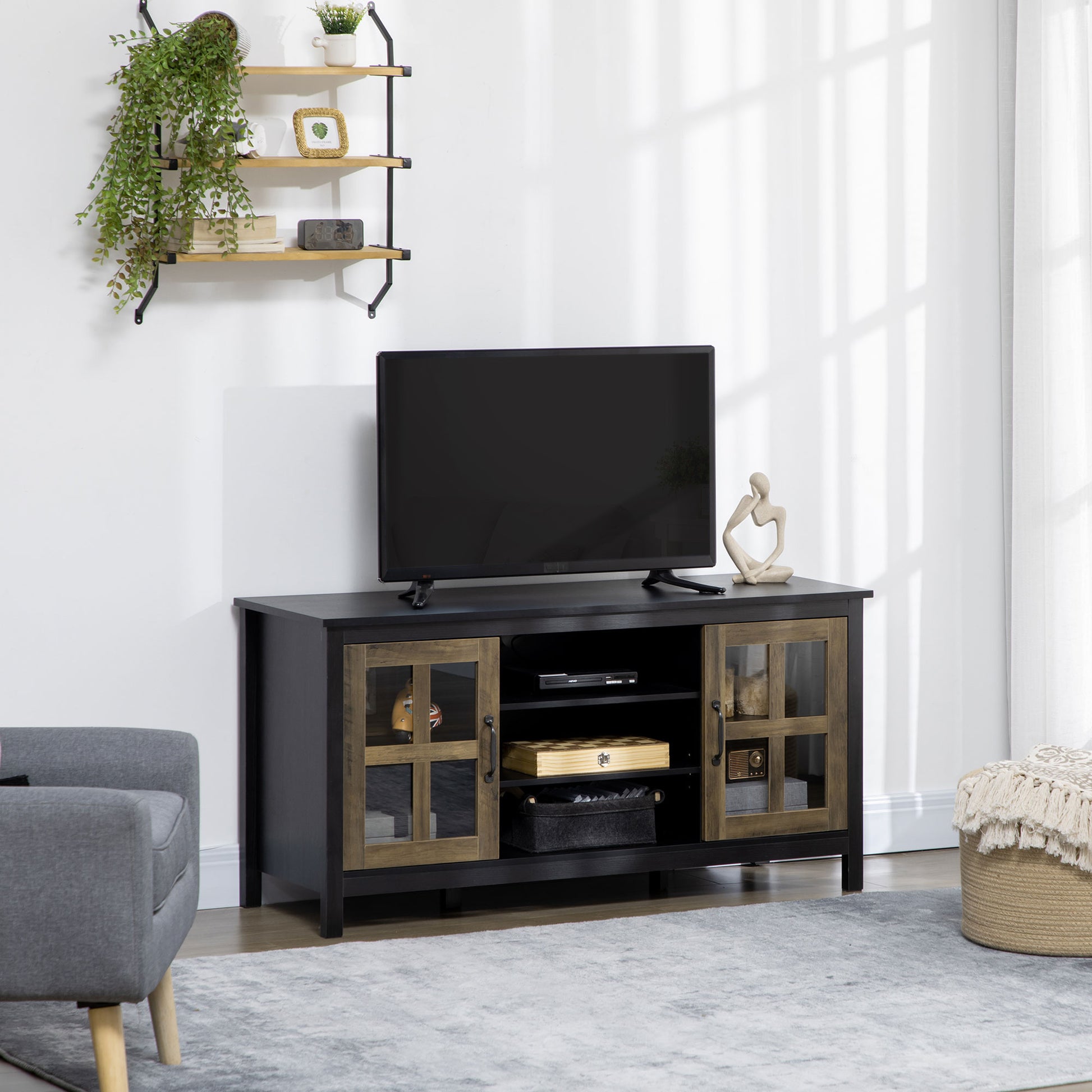 HOMCOM Modern Farmhouse TV Stand for 55-inch TVs, Adjustable Storage, Black