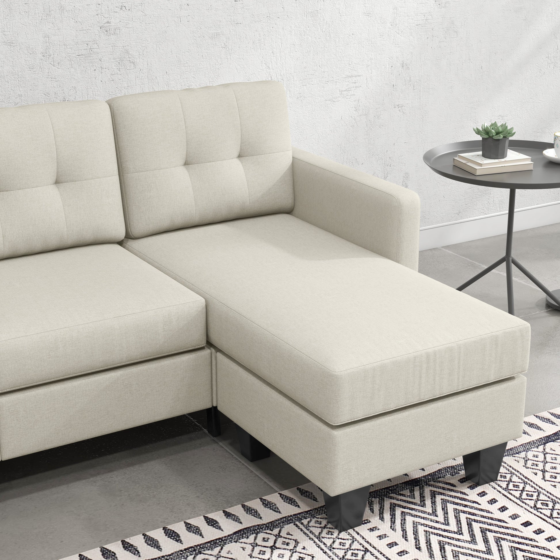 HOMCOM L-Shaped 3-Seater Sectional Sofa with Ottoman, Beige, Sturdy Wood Legs