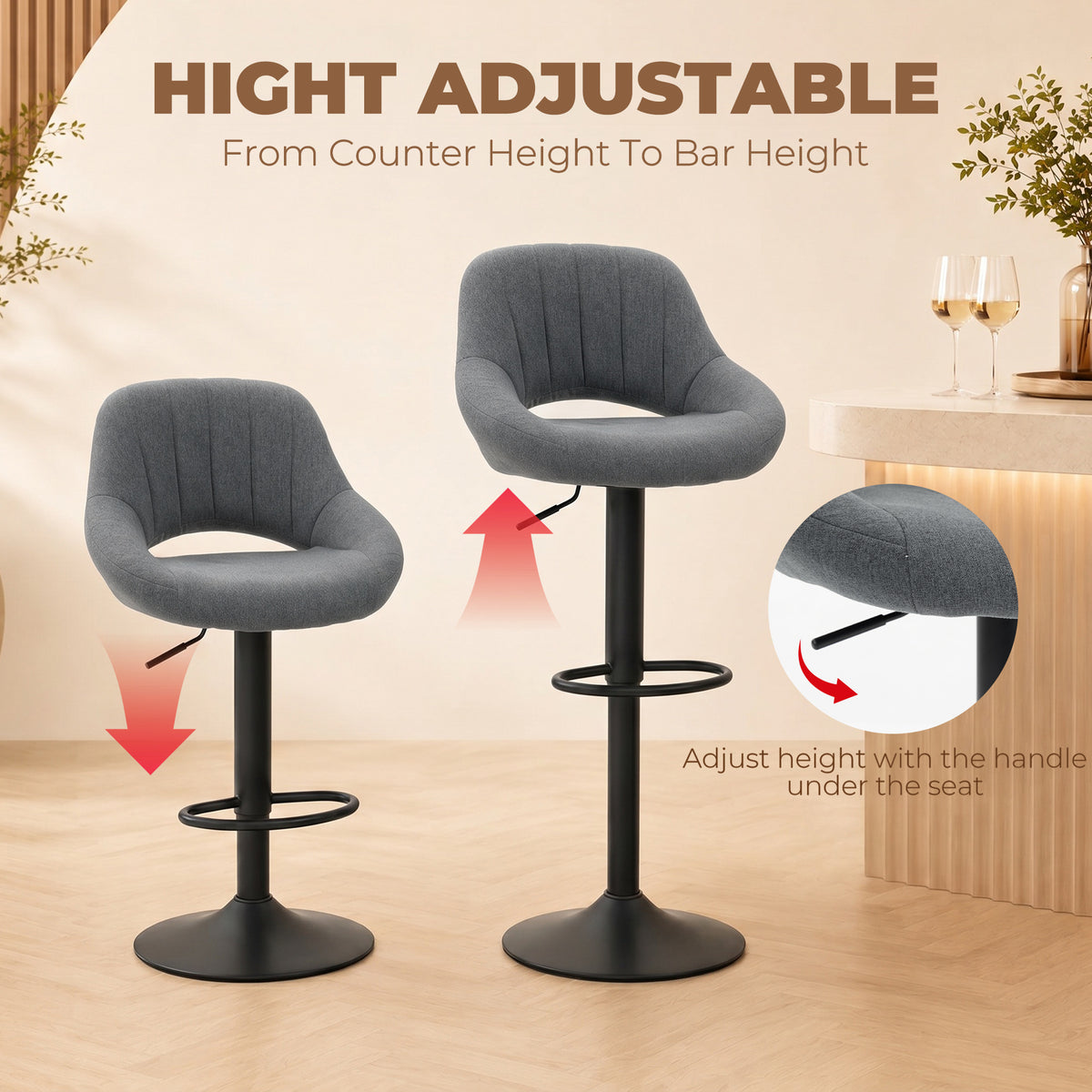 Linen Swivel Counter Stools with Round Metal Base, Set of 2