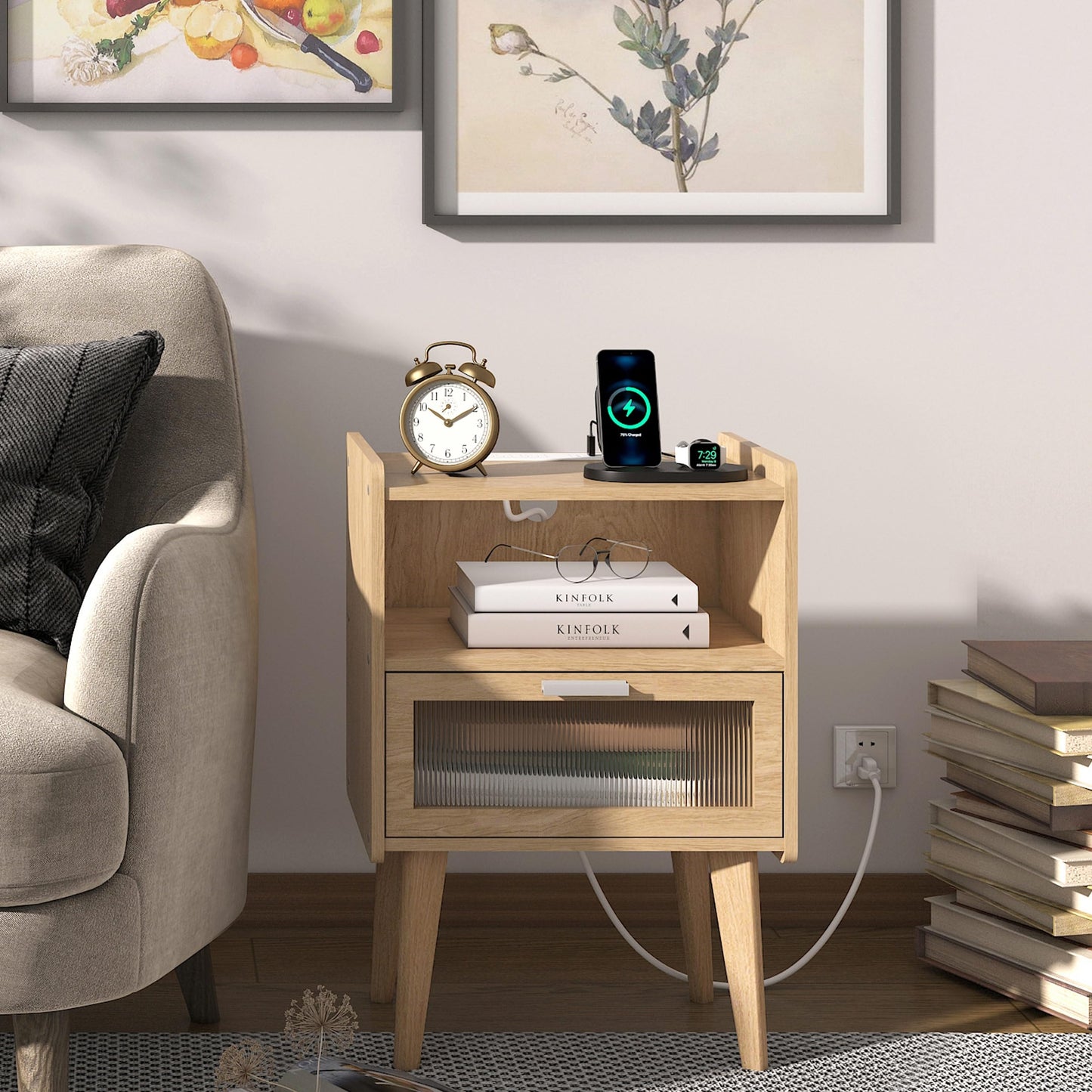 Nightstand with Charging Station, Bedside Tables, End Table Side Table with 2 Tiers Storage Space, for Bedroom, Living Room, Black CAMLBZ07BE