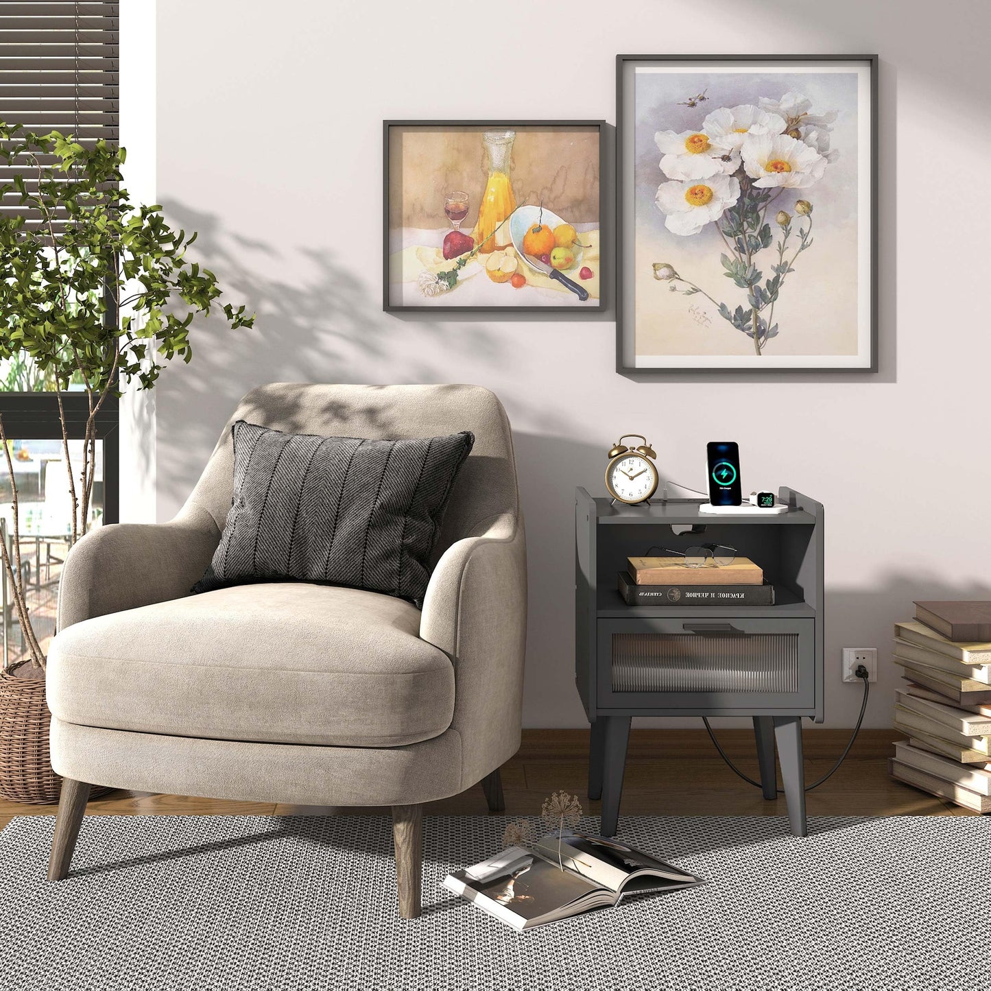 Nightstand with Charging Station, Bedside Tables, End Table Side Table with 2 Tiers Storage Space, for Bedroom, Living Room, Black CAMLBZ07BE