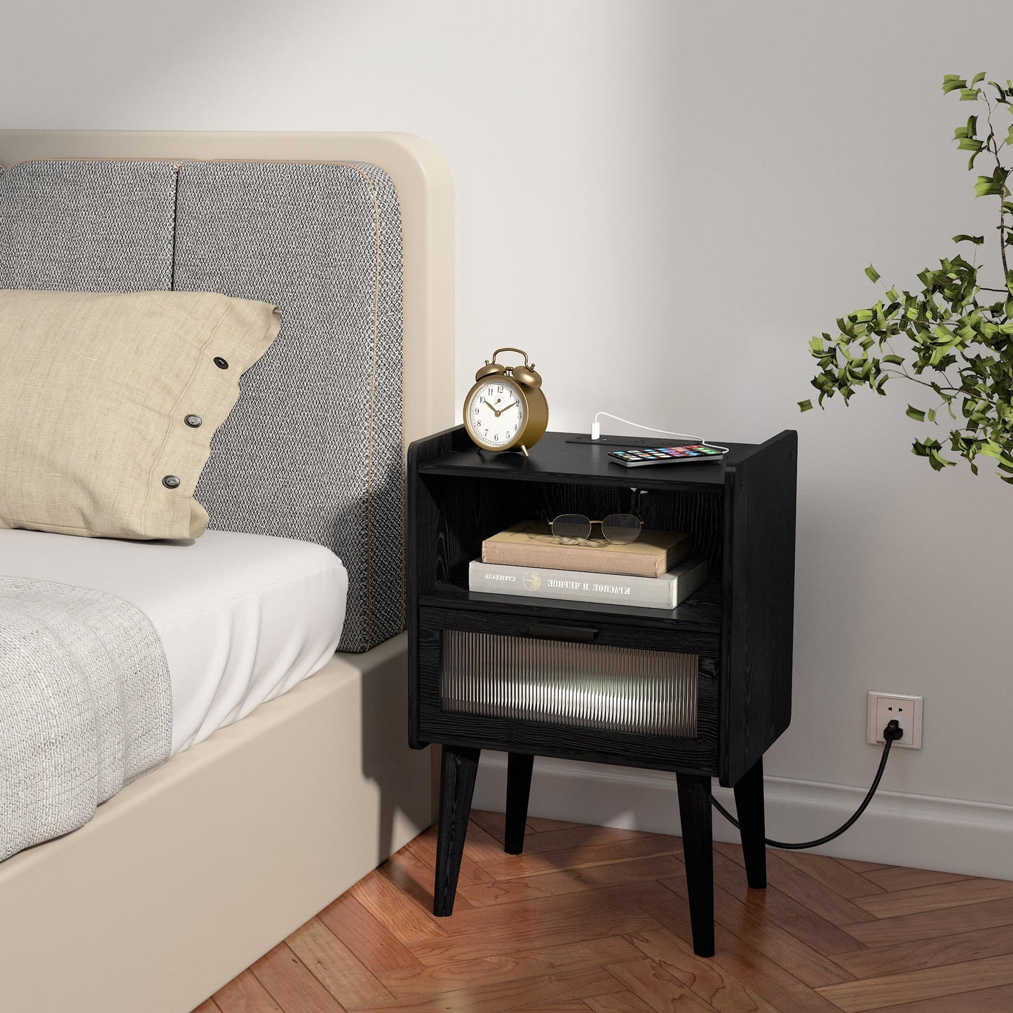 Nightstand with Charging Station, Bedside Tables, End Table Side Table with 2 Tiers Storage Space, for Bedroom, Living Room, Black CAMLBZ07BE